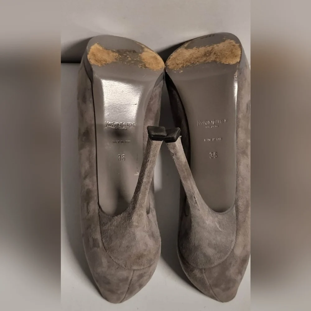 Yves Saint Laurent Womens Tribute Platform Slip On Pumps Gray Suede SZ‎ 36
